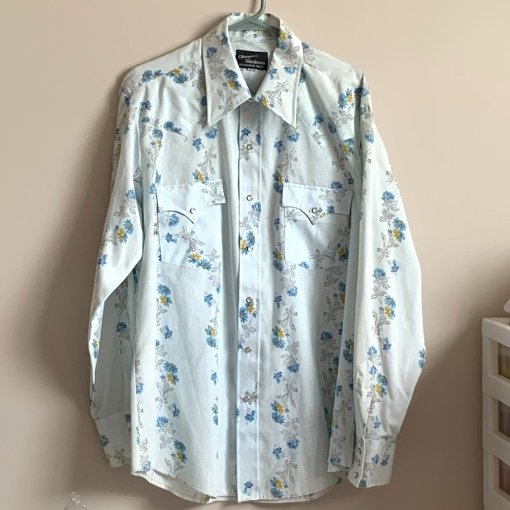 Vintage Champion Westerns Blue Floral Cowboy Button Down Shirt
